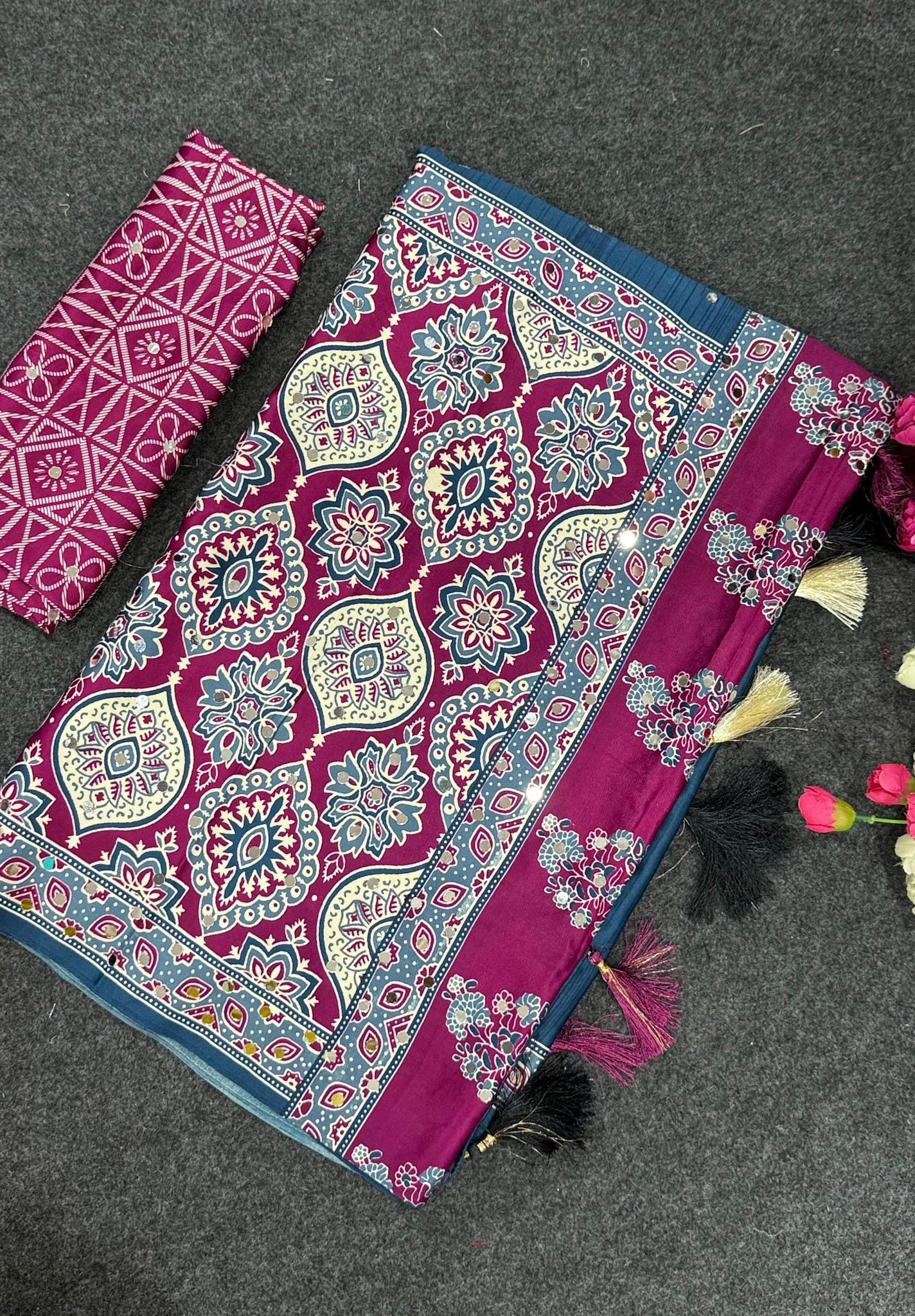 Ajrakh Tulips Signature Mirror Work Gajji Moss Satin Saree